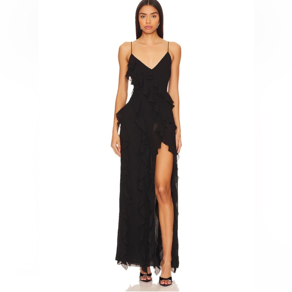 NBD Nehna Gown Black ruffle chiffon maxi dress slip Revolve NWT XS